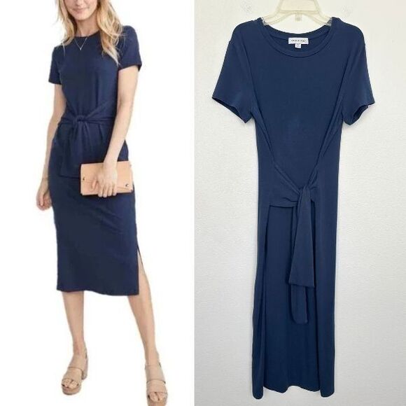 Amour Vert Colombe Reverie Knit Dress Navy Blue Belted Organic Cotton Women's M - Picture 1 of 11